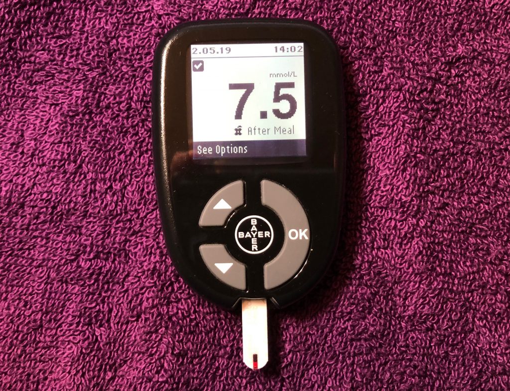 Blood glucose reading of 7.5 3 hours after eating